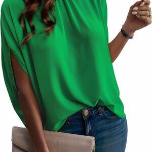Womens Blouses Dressy Casual Mock Neck Batwing Sleeve Tops Loose Fit Tie Back Su